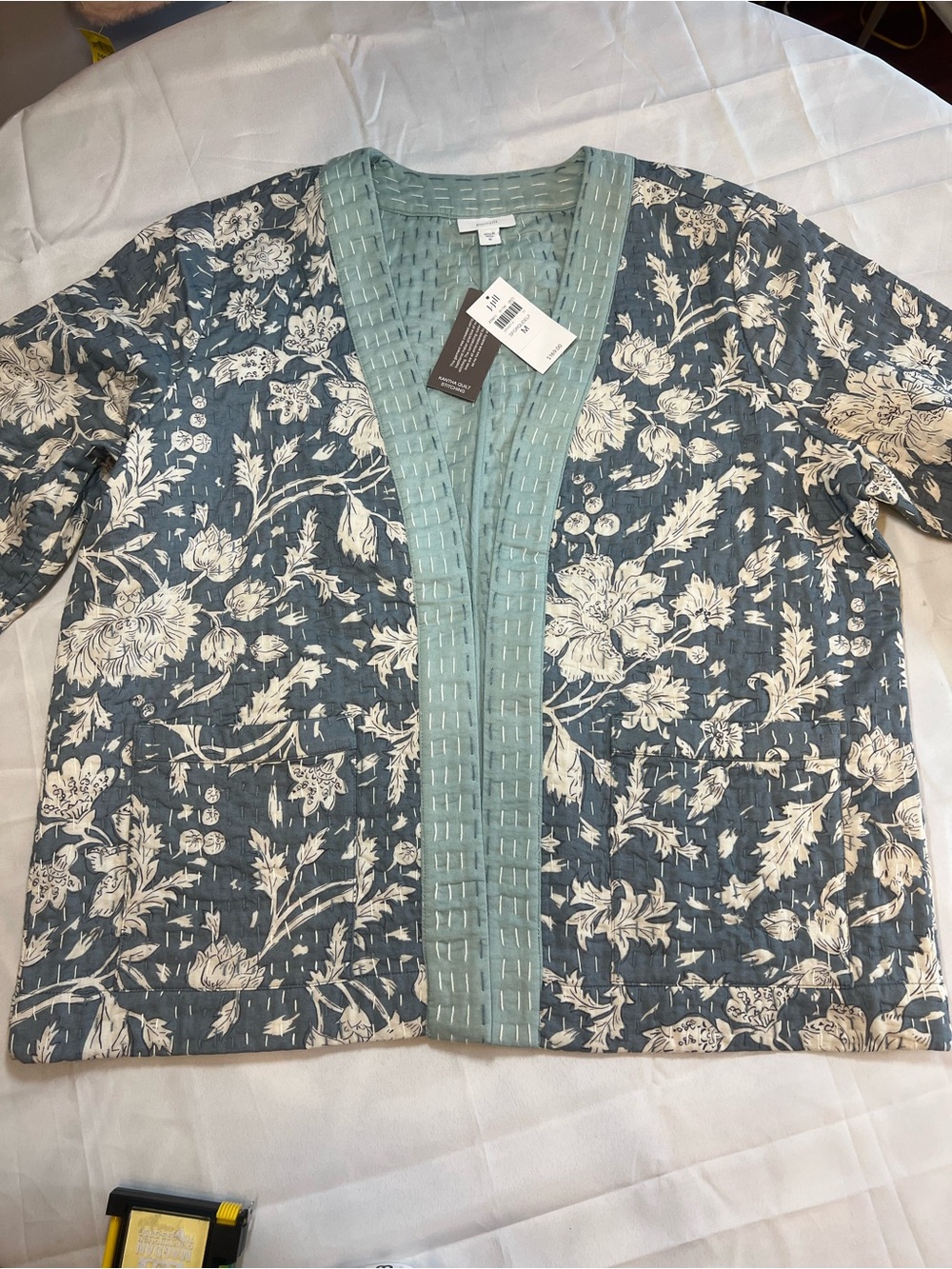 J. Jill Blue Floral Quilted Open Cardigan with Mint Trim